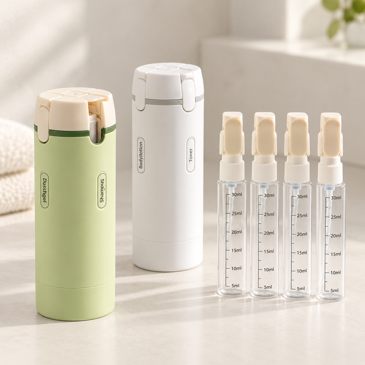 Reisespender in Grün und Weiß mit vier 30-ml-Fläschchen